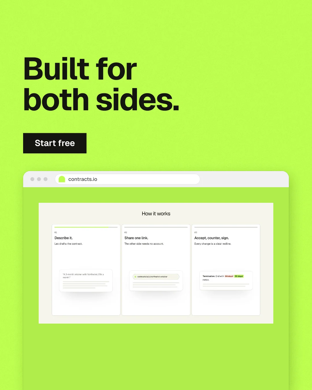 Instagram portrait post for contracts.io: "Built for both sides." Swiss style, browser layout, light palette in green.