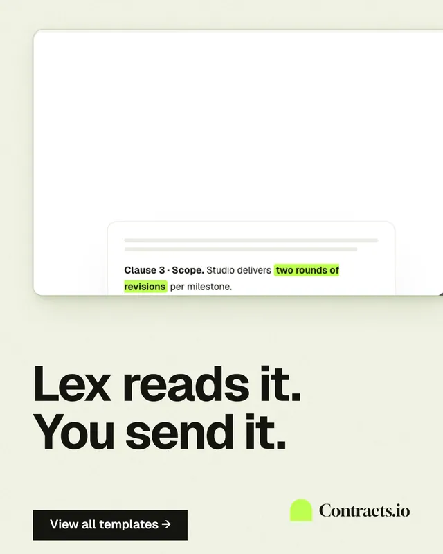 Instagram portrait post for contracts.io: "Lex reads it. You send it." Swiss style, bottom layout, light palette in white, grey.