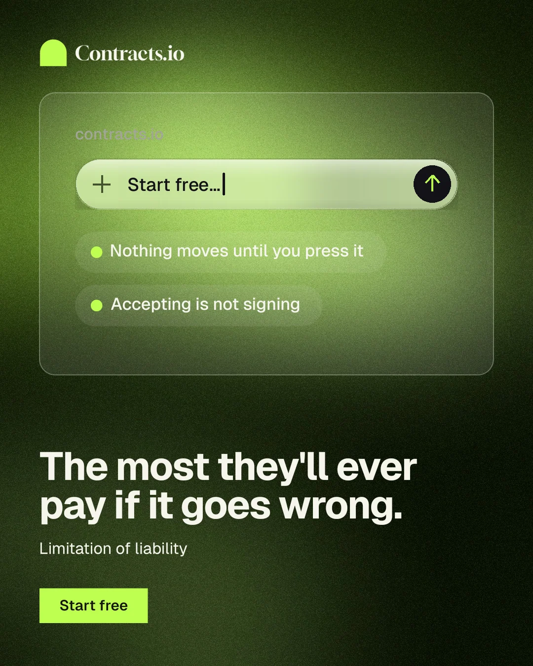 Instagram portrait post for contracts.io: "The most they'll ever pay if it goes wrong." Swiss style, bottom layout, dark palette in green, black.