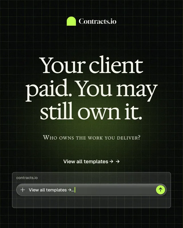 Instagram portrait post for contracts.io: "Your client paid. You may still own it." Phosphor atlas style, smallcaps layout, dark palette in black, grey.