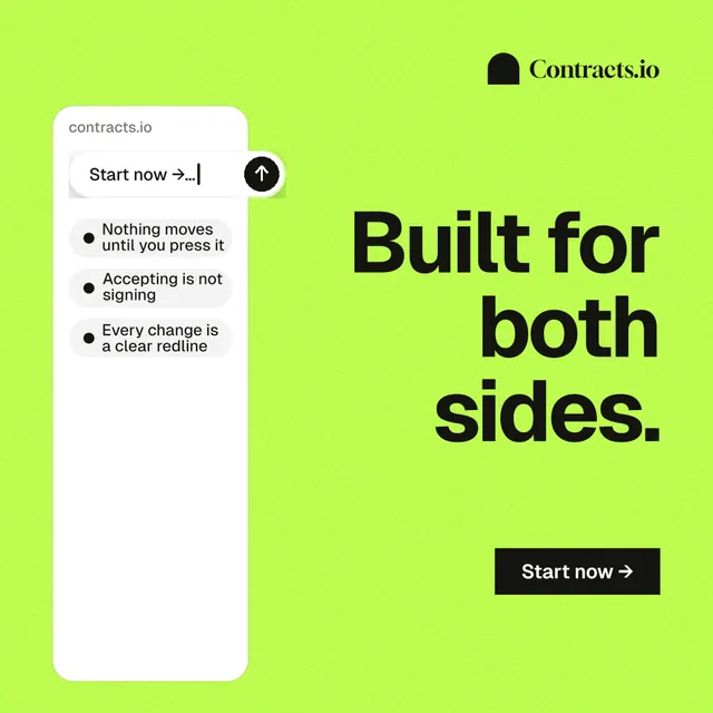 Instagram post for contracts.io: "Built for both sides." Swiss style, right layout, light palette in green.