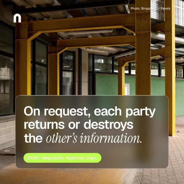 Instagram post for contracts.io: "On request, each party returns or destroys the other’s information." Glass style, technique:pexels ingredient layout, dark palette in orange, black, grey.