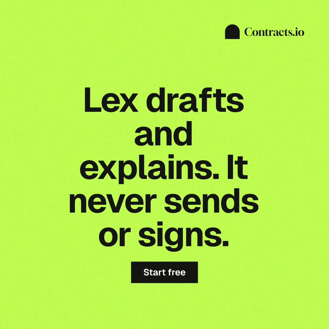 Instagram post for contracts.io: "Lex drafts and explains. It never sends or signs." Swiss style, centred layout, light palette in green.