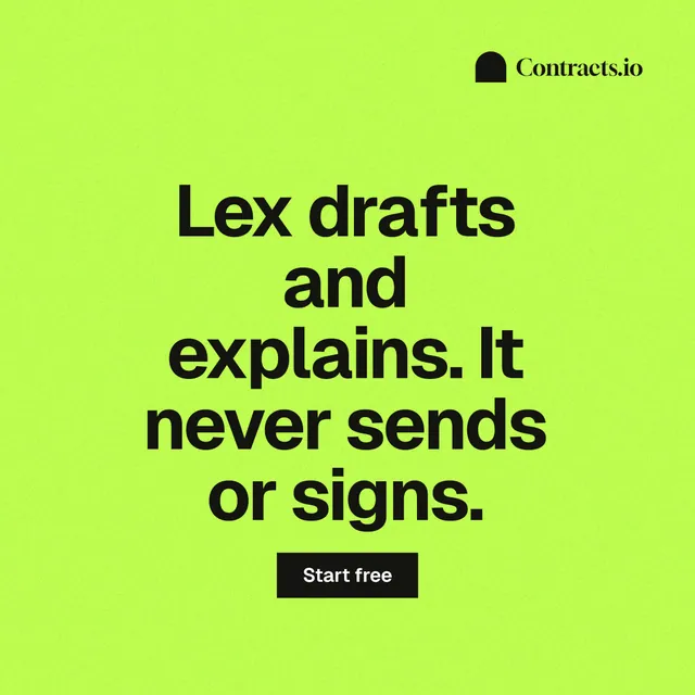 Instagram post for contracts.io: "Lex drafts and explains. It never sends or signs." Swiss style, centred layout, light palette in green.