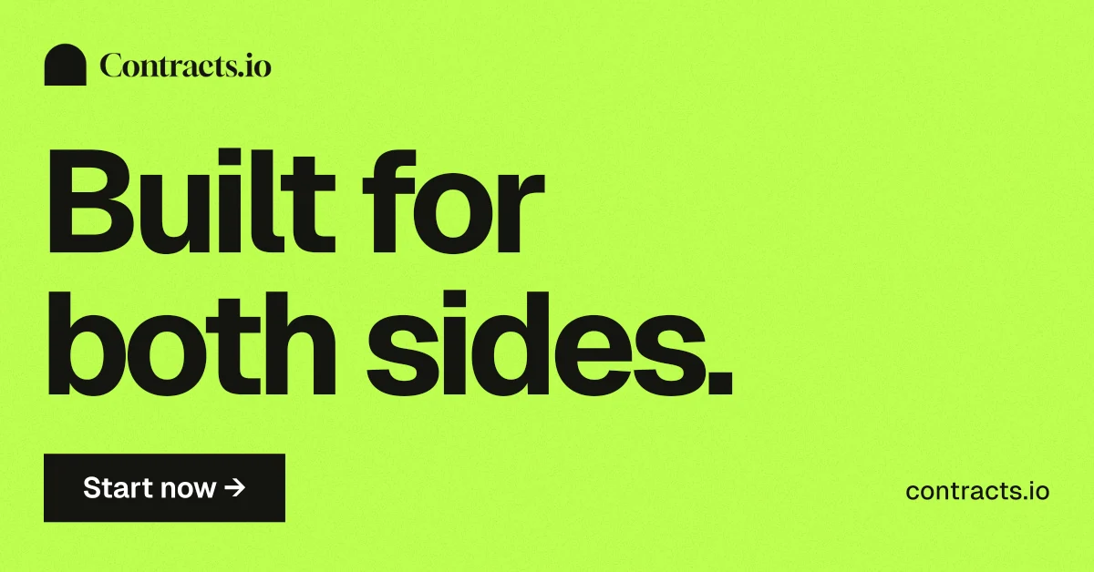 Social ad for contracts.io: "Built for both sides." Swiss style, poster layout, light palette in green.