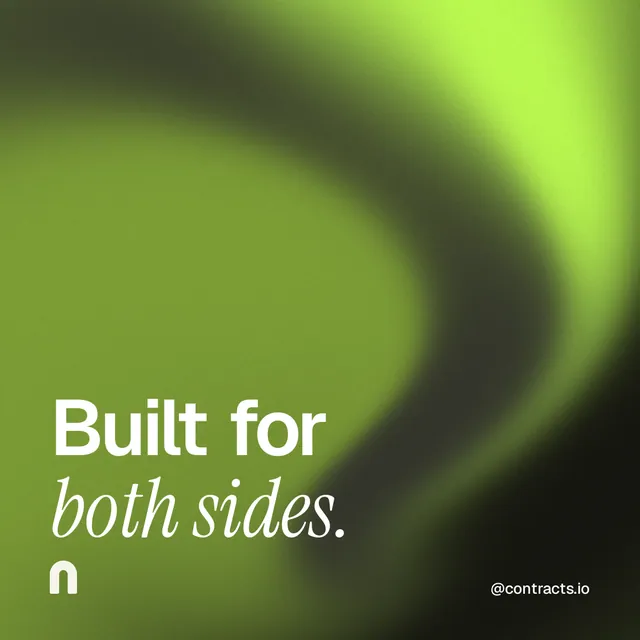 Instagram post for contracts.io: "Built for both sides." Auto 1x1 style, technique:shader field layout, light palette in green.