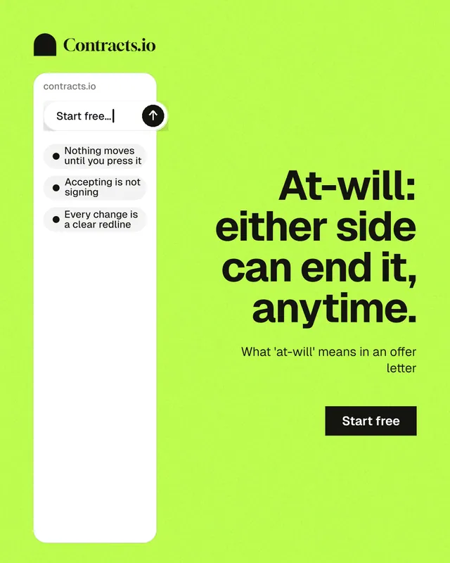 Instagram portrait post for contracts.io: "At-will: either side can end it, anytime." Swiss style, right layout, light palette in green.