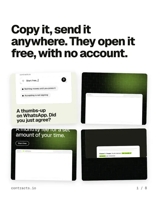 Carousel for contracts.io: "Copy it, send it anywhere. They open it free, with no account.". Collection carousel, 8 slides, light palette.