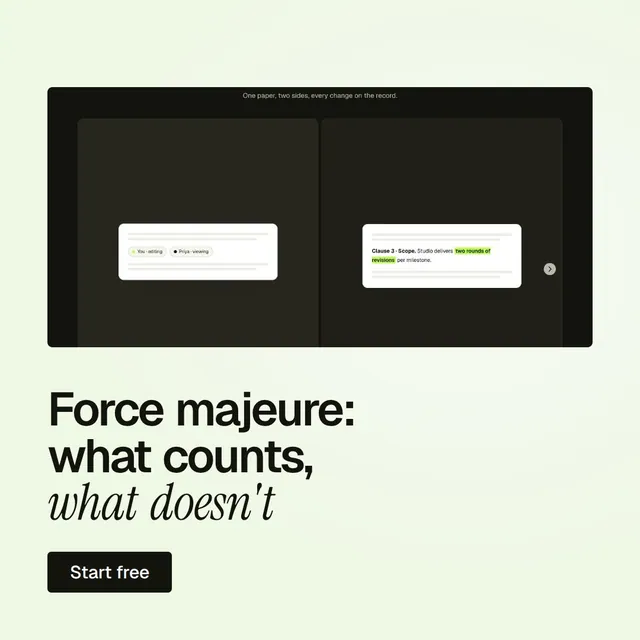 Video for contracts.io: "Force majeure: what counts, what doesn't". Doc motion loop, 8.0 s, light palette.
