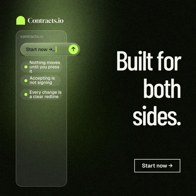 Instagram post for contracts.io: "Built for both sides." Dark deco style, right layout, dark palette in black, green, grey.