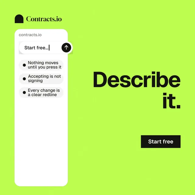 Instagram post for contracts.io: "Describe it." Swiss style, right layout, light palette in green, white.