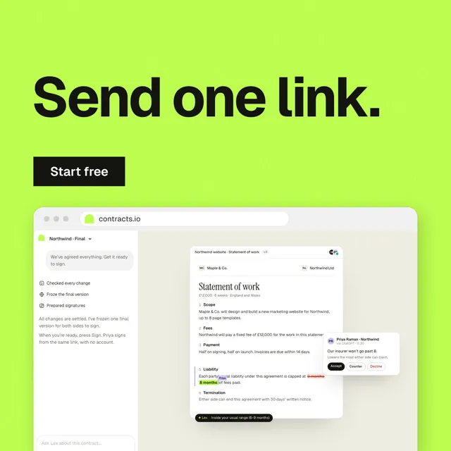 Instagram post for contracts.io: "Send one link." Swiss style, browser layout, light palette in green.