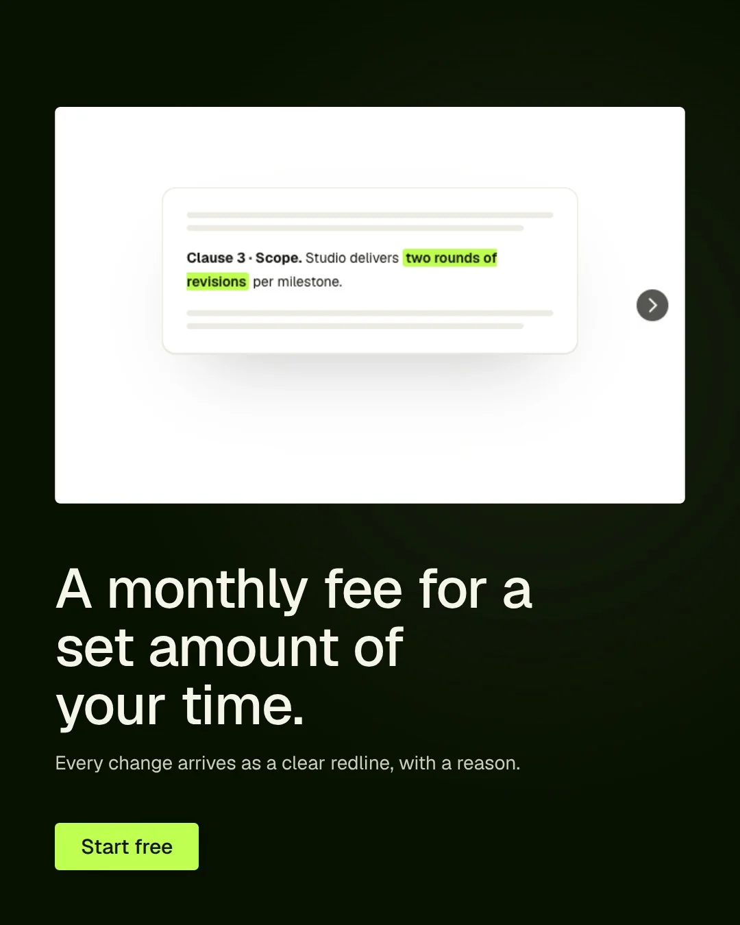 Video for contracts.io: "A monthly fee for a set amount of your time.". Doc motion loop, 6.0 s, dark palette.