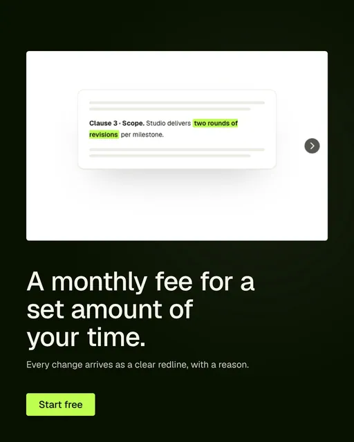 Video for contracts.io: "A monthly fee for a set amount of your time.". Doc motion loop, 6.0 s, dark palette.