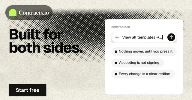 Social ad for contracts.io: "Built for both sides." Ink sticker style, bottom layout, light palette in yellow, grey, white.