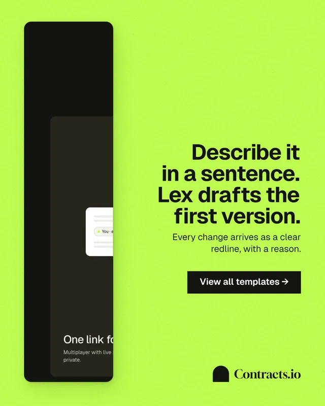 Instagram portrait post for contracts.io: "Describe it in a sentence. Lex drafts the first version." Swiss style, right layout, light palette in green, black.