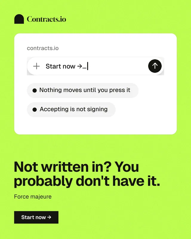 Instagram portrait post for contracts.io: "Not written in? You probably don't have it." Swiss style, bottom layout, light palette in green, white.