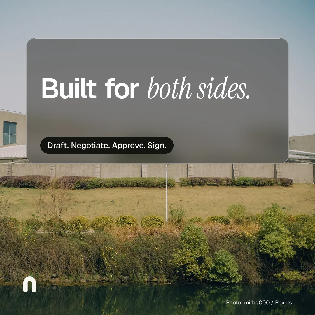 Instagram post for contracts.io: "Built for both sides." Glass style, technique:pexels ingredient layout, light palette in grey, green.