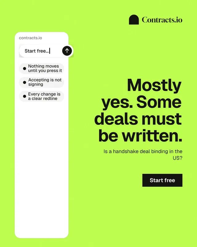 Instagram portrait post for contracts.io: "Mostly yes. Some deals must be written." Swiss style, right layout, light palette in green, white.