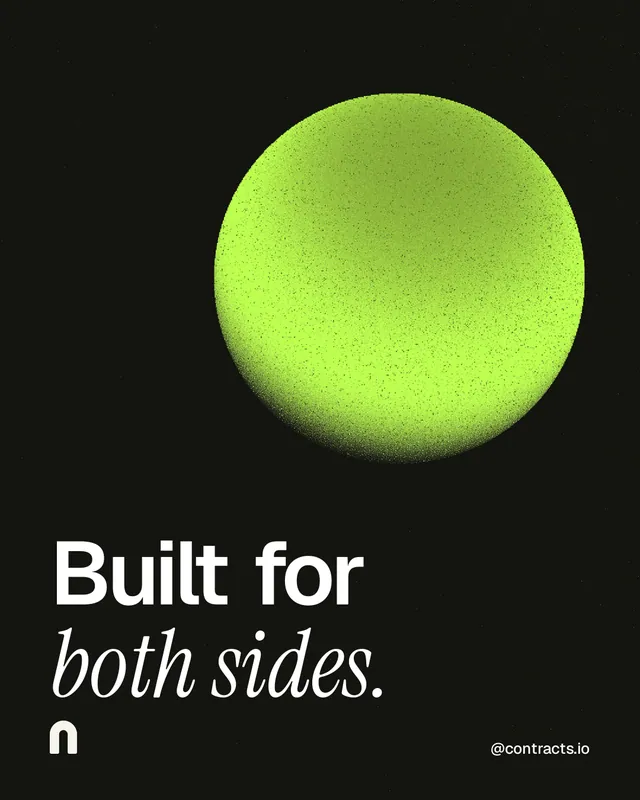 Instagram portrait post for contracts.io: "Built for both sides." Auto 4x5 style, technique:shader field layout, dark palette in black, green.