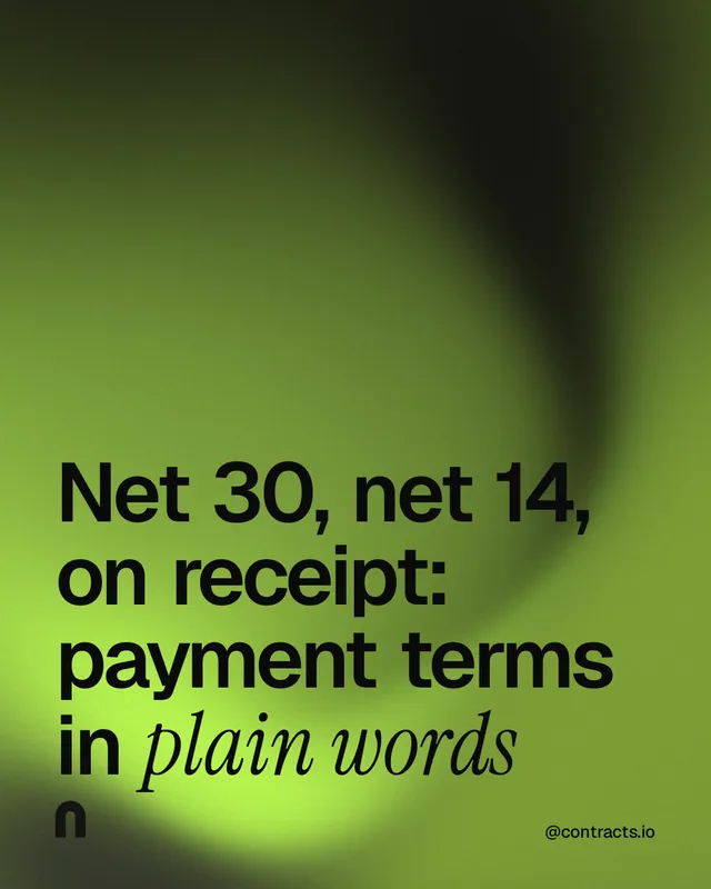 Instagram portrait post for contracts.io: "Net 30, net 14, on receipt: payment terms in plain words". Auto 4x5 style, technique:shader field layout, dark palette in green.