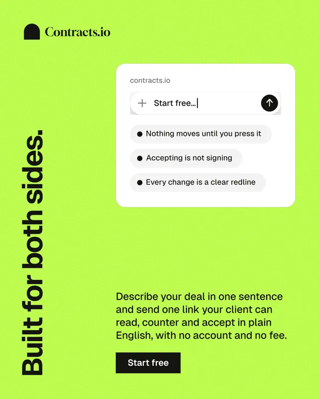 Instagram portrait post for contracts.io: "Built for both sides." Swiss style, vertical layout, light palette in green.