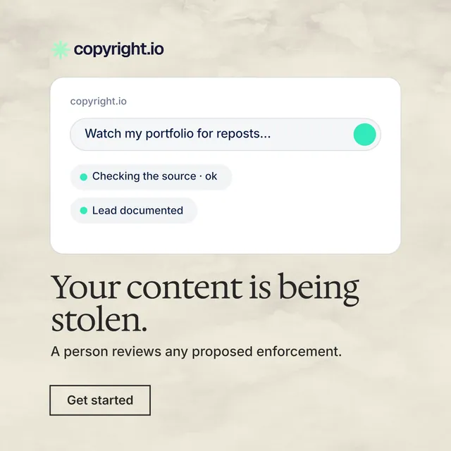 Instagram post for copyright.io: "Your content is being stolen.". Editorial style, bottom layout, light palette in white, yellow, grey.