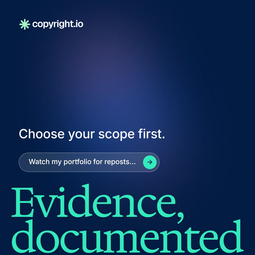 Instagram post for copyright.io: "Evidence, documented.". Agentic glass style, oversized layout, dark palette in blue.