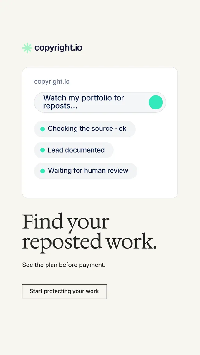 Instagram story for copyright.io: "Find your reposted work.". Editorial style, bottom layout, light palette in white.