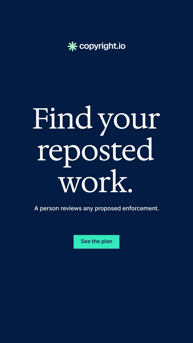 Instagram story for copyright.io: "Find your reposted work.". Split block style, centred layout, dark palette in blue.