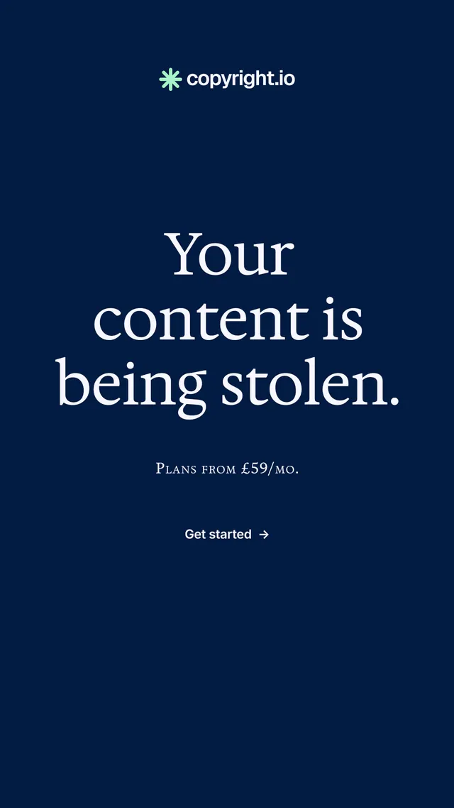 Instagram story for copyright.io: "Your content is being stolen.". Minimal luxury style, smallcaps layout, dark palette in blue.