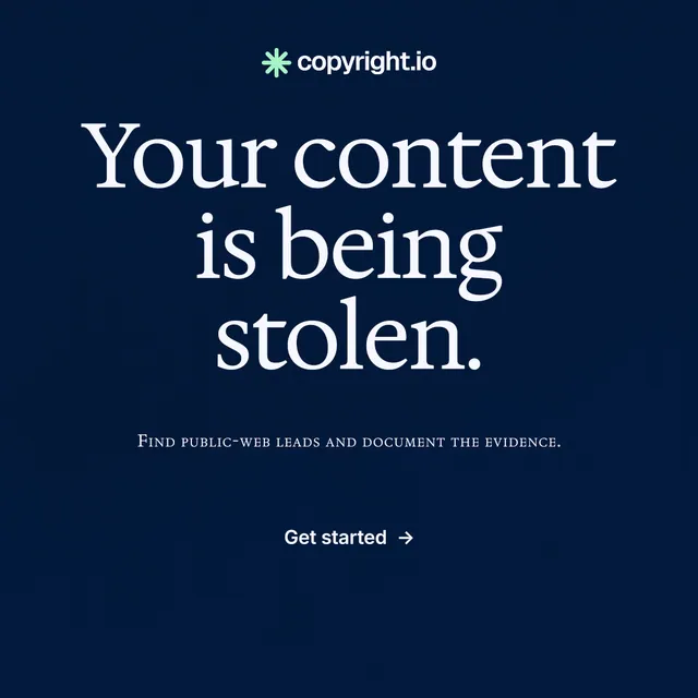 Instagram post for copyright.io: "Your content is being stolen.". Editorial style, smallcaps layout, dark palette in black, blue.