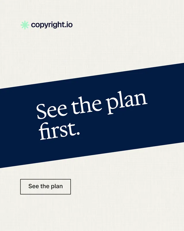 Instagram portrait post for copyright.io: "See the plan first.". Editorial style, diagonal layout, light palette in white, blue.