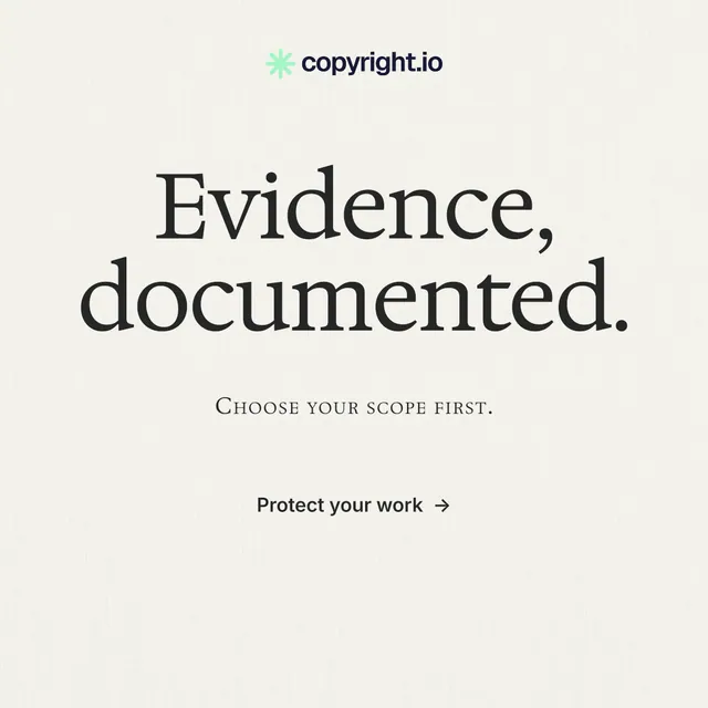 Instagram post for copyright.io: "Evidence, documented.". Editorial style, smallcaps layout, light palette in white, grey.