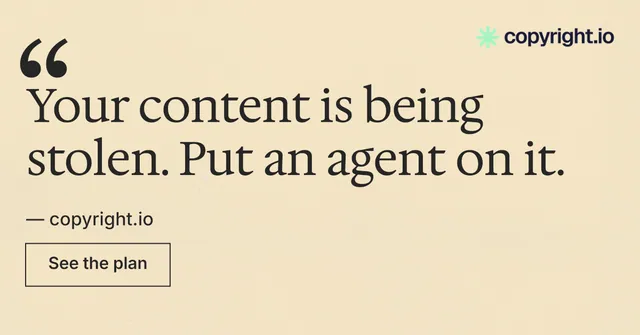 Social ad for copyright.io: "Reposts don't remove themselves.". Editorial style, quote layout, light palette in orange, yellow.
