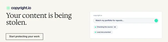 LinkedIn banner for copyright.io: "Your content is being stolen.". Editorial style, bottom layout, light palette in white.