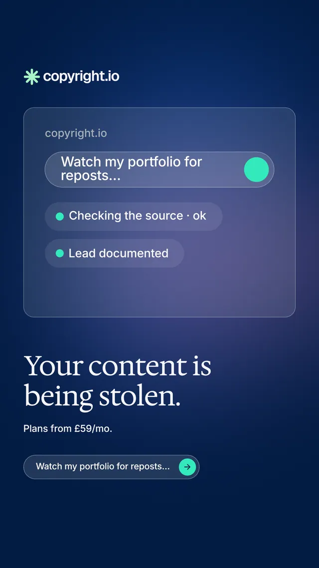 Instagram story for copyright.io: "Your content is being stolen.". Agentic glass style, bottom layout, dark palette in blue.