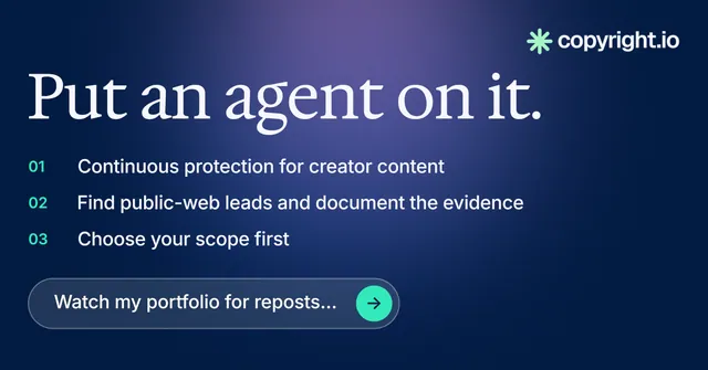 Social ad for copyright.io: "Put an agent on it.". Agentic glass style, numbered layout, dark palette in blue.