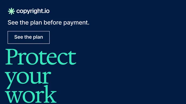 Landscape graphic for copyright.io: "Your content is being stolen.". Editorial style, oversized layout, dark palette in blue, teal.