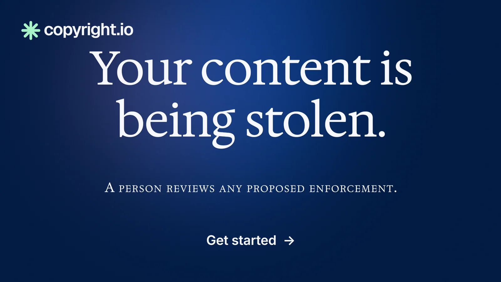 Landscape graphic for copyright.io: "Your content is being stolen.". Agentic glass style, smallcaps layout, dark palette in blue.