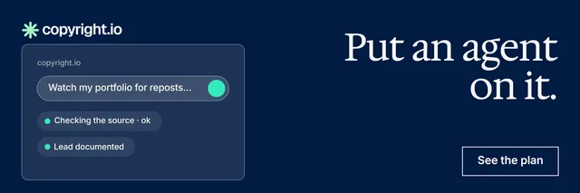 X header for copyright.io: "Put an agent on it.". Editorial style, right layout, dark palette in blue.