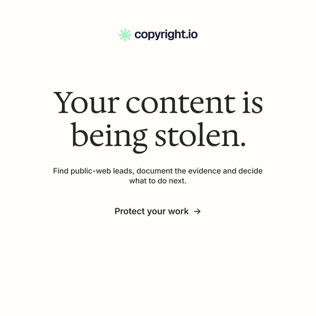 Instagram post for copyright.io: "Your content is being stolen.". Minimal luxury style, centred layout, light palette in white.