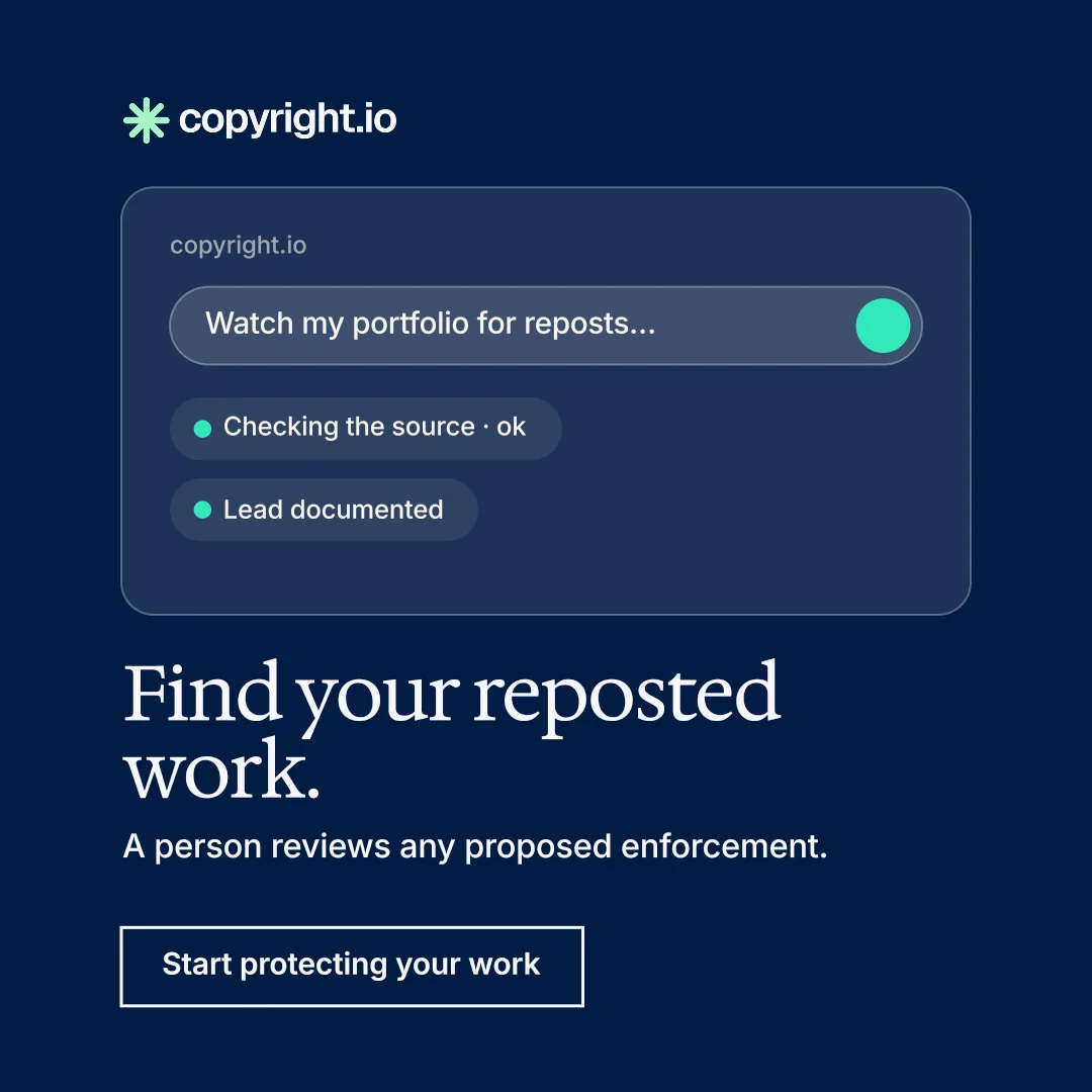 Instagram post for copyright.io: "Find your reposted work.". Editorial style, bottom layout, dark palette in blue.
