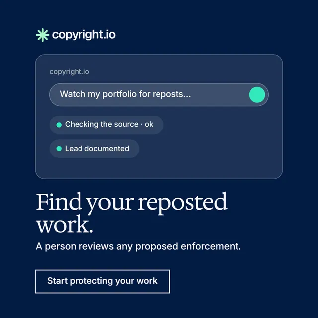 Instagram post for copyright.io: "Find your reposted work.". Editorial style, bottom layout, dark palette in blue.