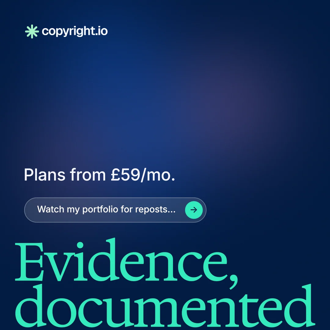 Instagram post for copyright.io: "Find your reposted work.". Agentic glass style, oversized layout, dark palette in blue.