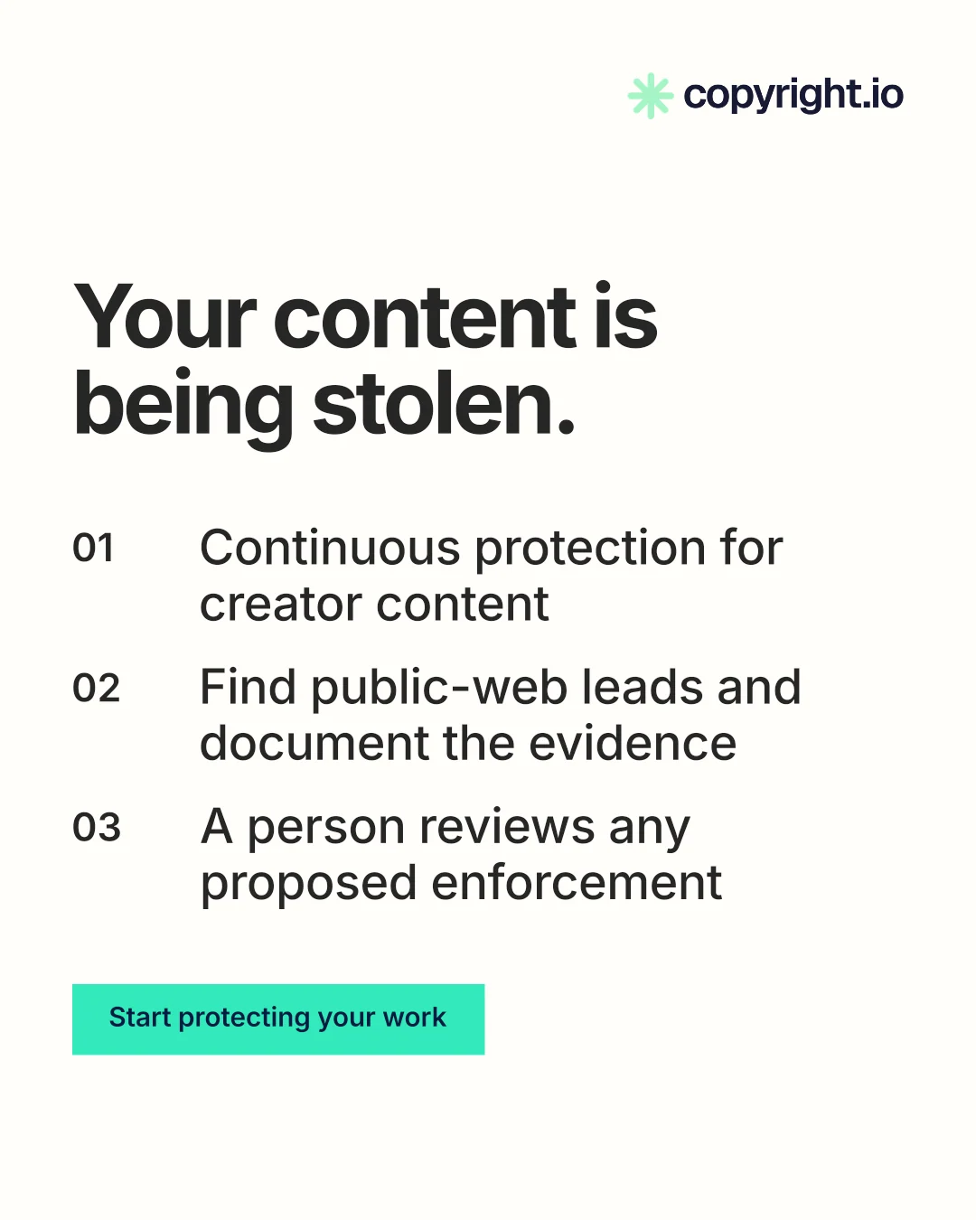 Instagram portrait post for copyright.io: "Your content is being stolen.". Swiss style, numbered layout, light palette in white, grey.