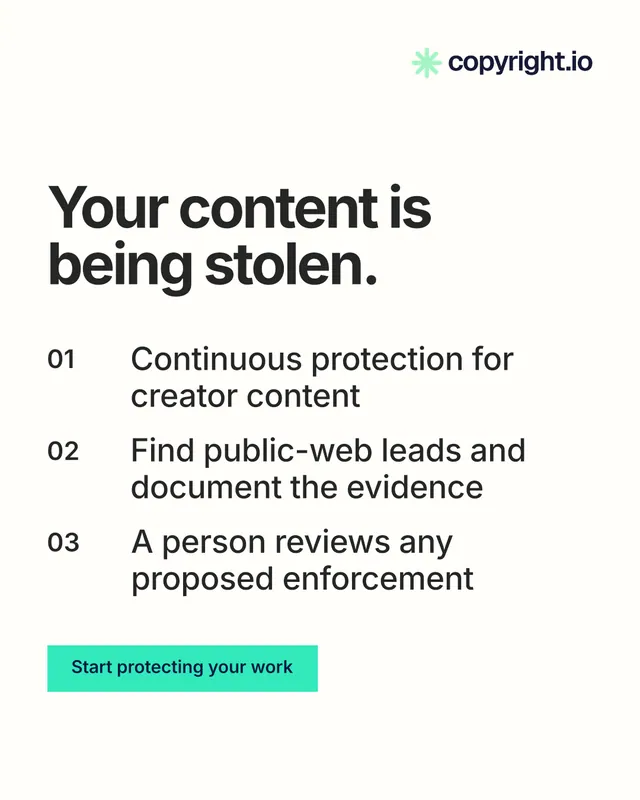 Instagram portrait post for copyright.io: "Your content is being stolen.". Swiss style, numbered layout, light palette in white, grey.