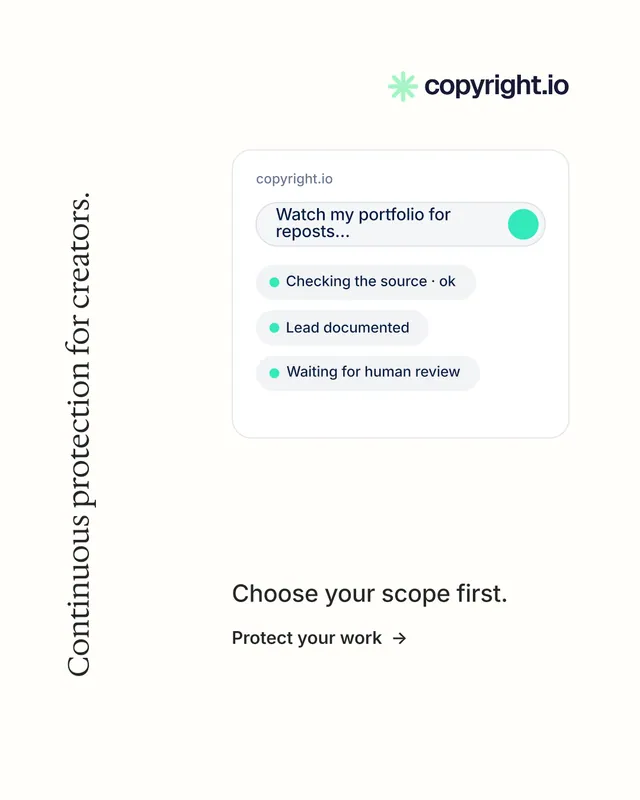 Instagram portrait post for copyright.io: "Continuous protection for creators.". Minimal luxury style, vertical layout, light palette in white.