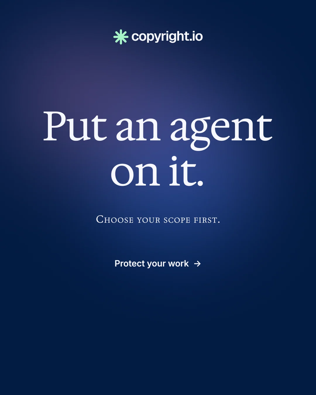 Instagram portrait post for copyright.io: "Put an agent on it.". Y2K style, smallcaps layout, dark palette in blue.