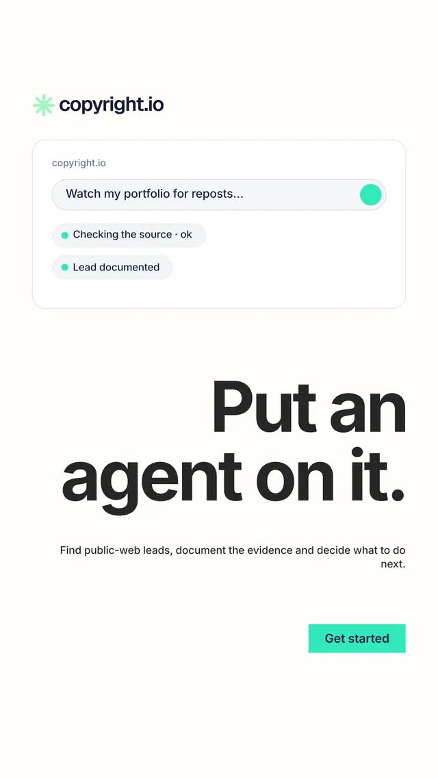 Instagram story for copyright.io: "Put an agent on it.". Swiss style, right layout, light palette in white.